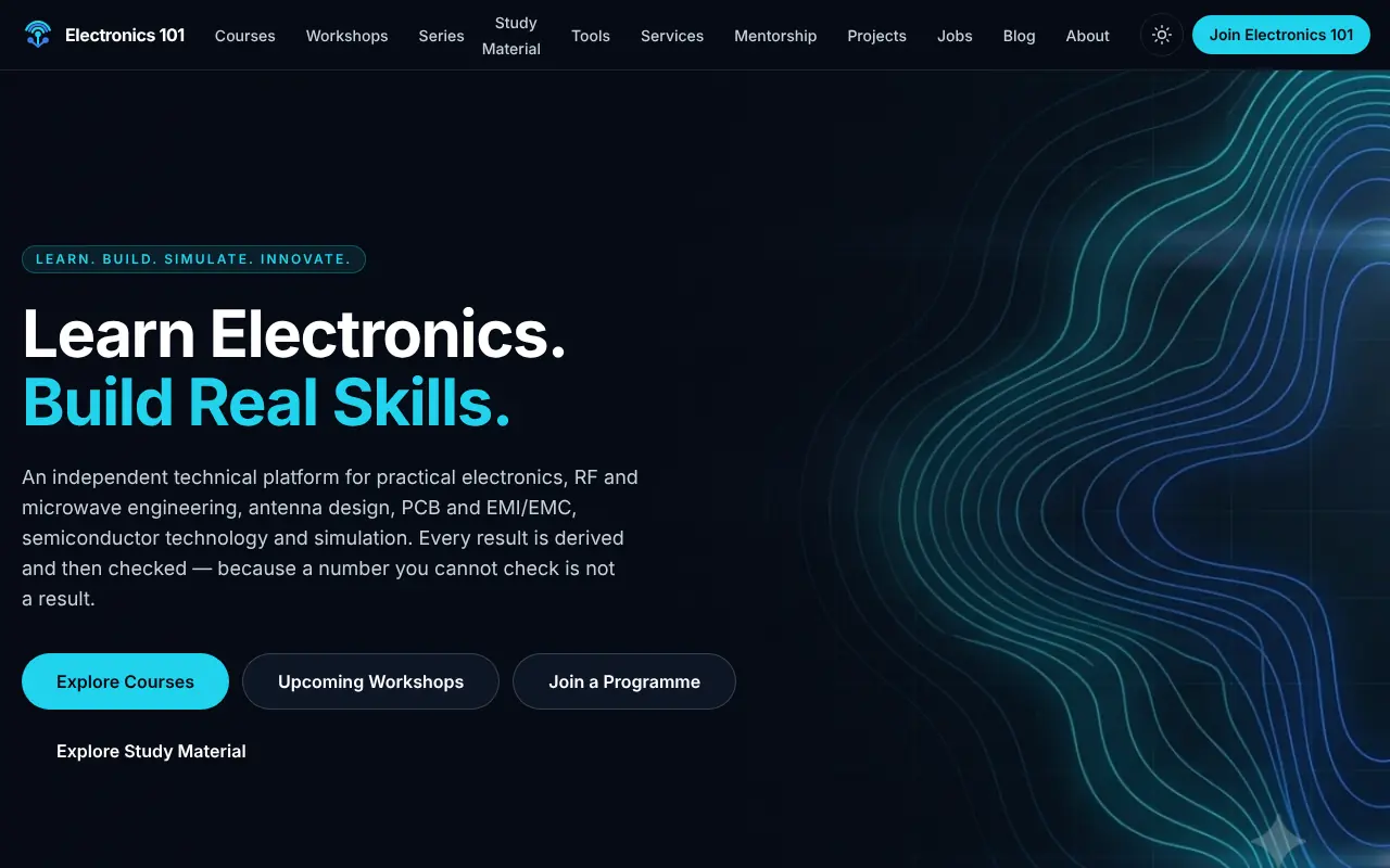 Homepage of the Electronics 101 website: Learn Electronics. Build Real Skills.